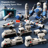 A collection of magnetic engineering car robot building blocks toys including rockets and vehicles.