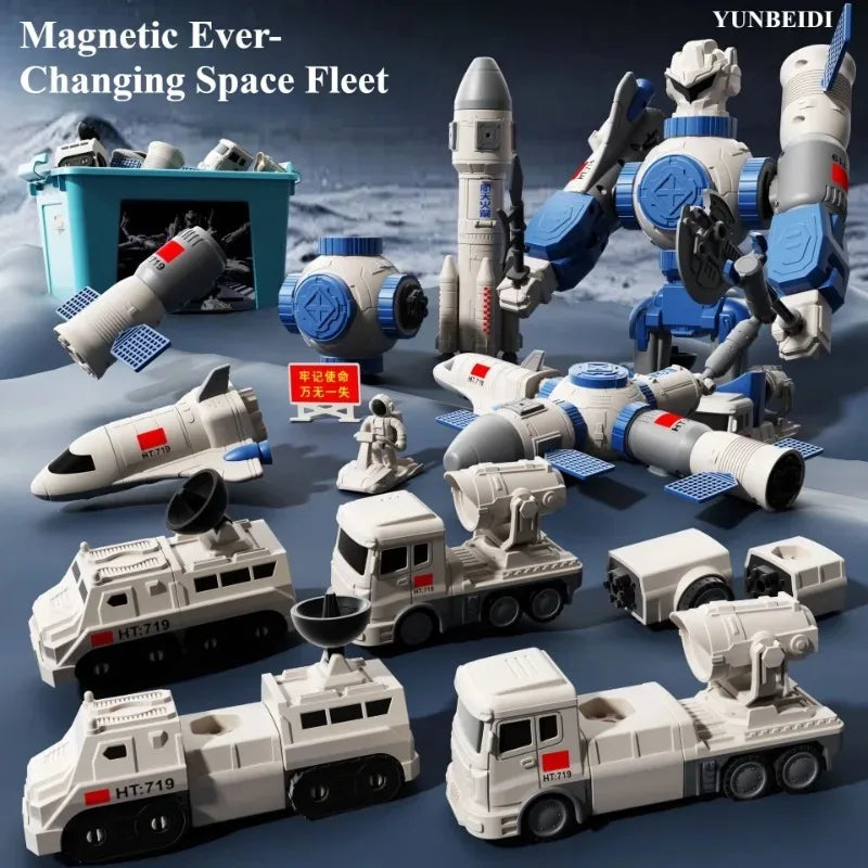 A collection of magnetic engineering car robot building blocks toys including rockets and vehicles.