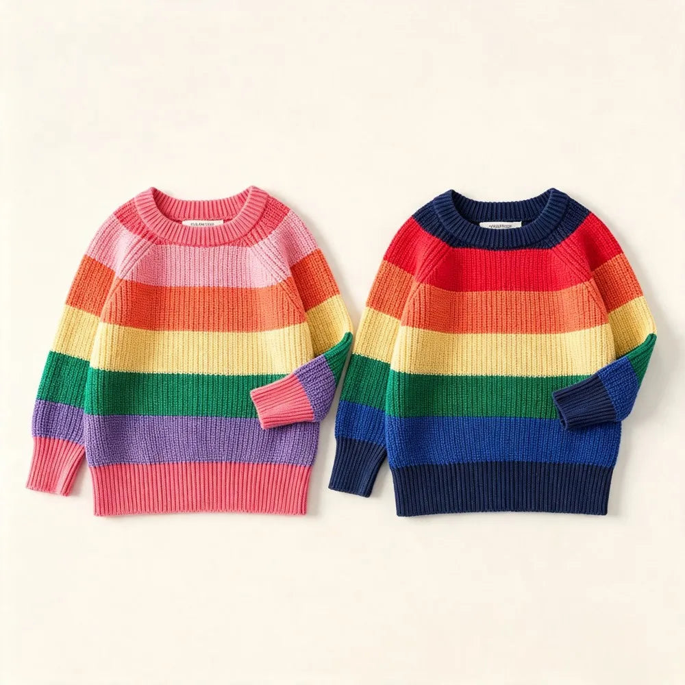 A girls' rainbow striped knit sweater featuring horizontal stripes of various colors like pink, orange, yellow, green, blue, 