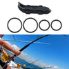 A black magnetic bait hanger with non-slip rubber pads is shown alongside several circular rings and a fishing rod being held