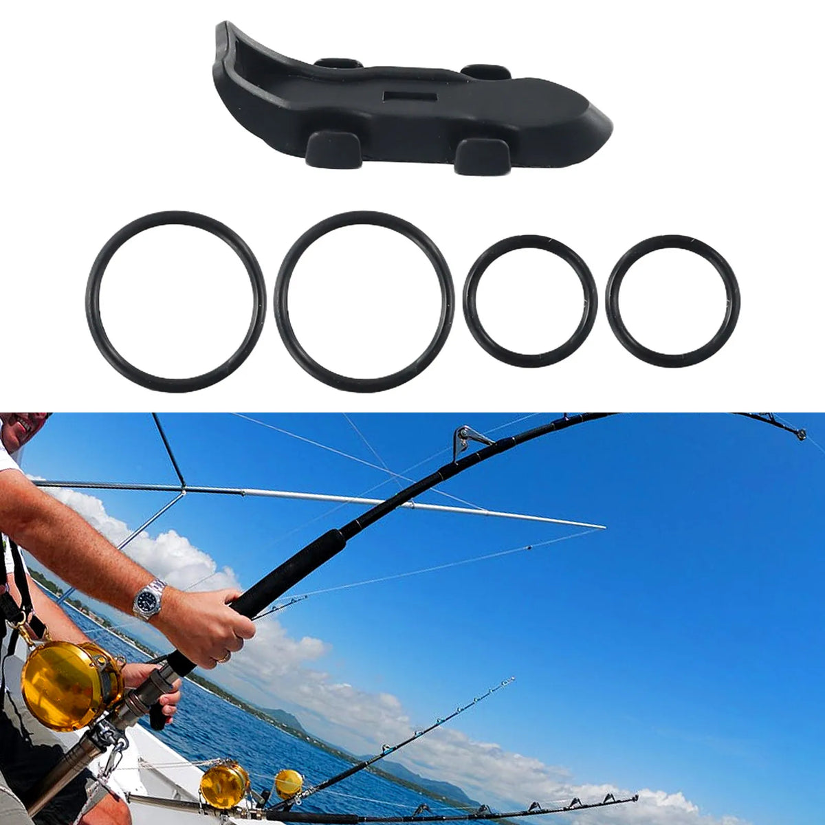 A black magnetic bait hanger with non-slip rubber pads is shown alongside several circular rings and a fishing rod being held