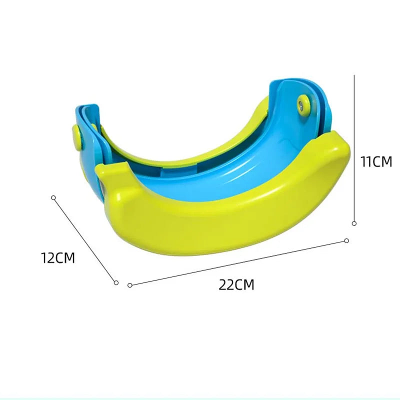 A yellow and blue foldable travel potty for kids with waste bags shown from the side.