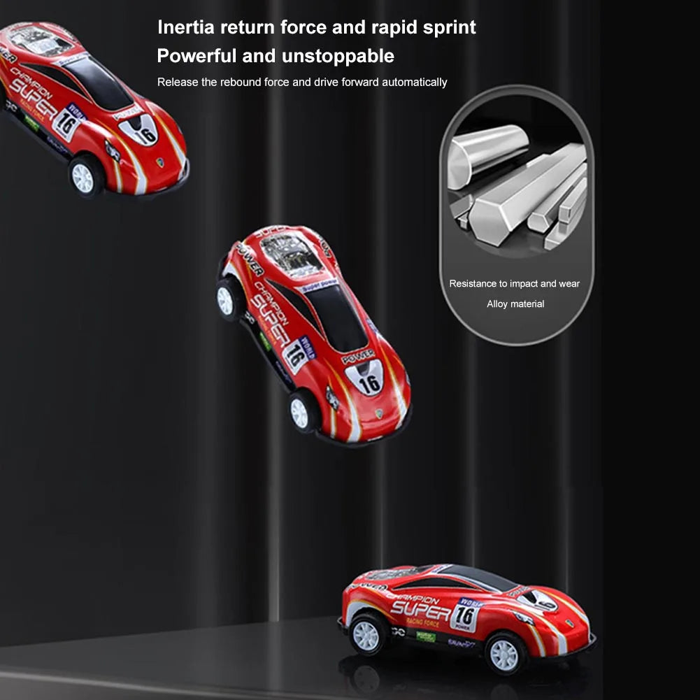 A red diecast pull-back sports car model demonstrating inertia return force and rapid sprint capability.