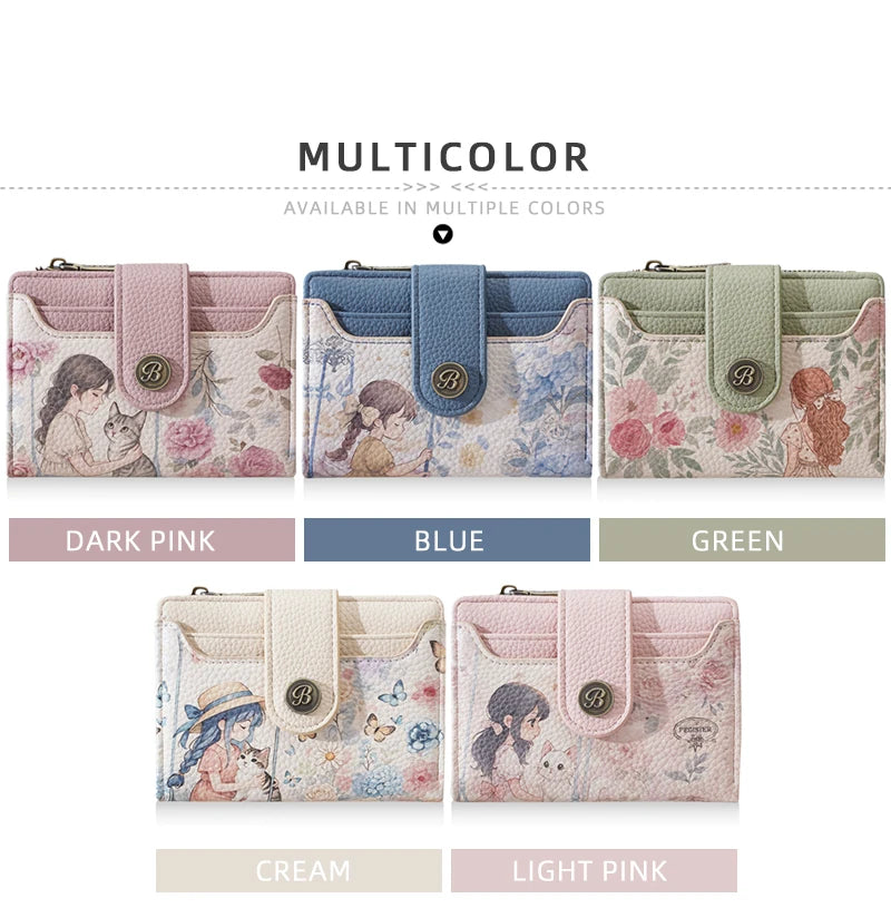 Multicolor floral print women's wallet available in dark pink, blue, green, cream, and light pink colors