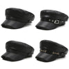Black PU leather beret hat with a band and adjustable fit shown from the side.