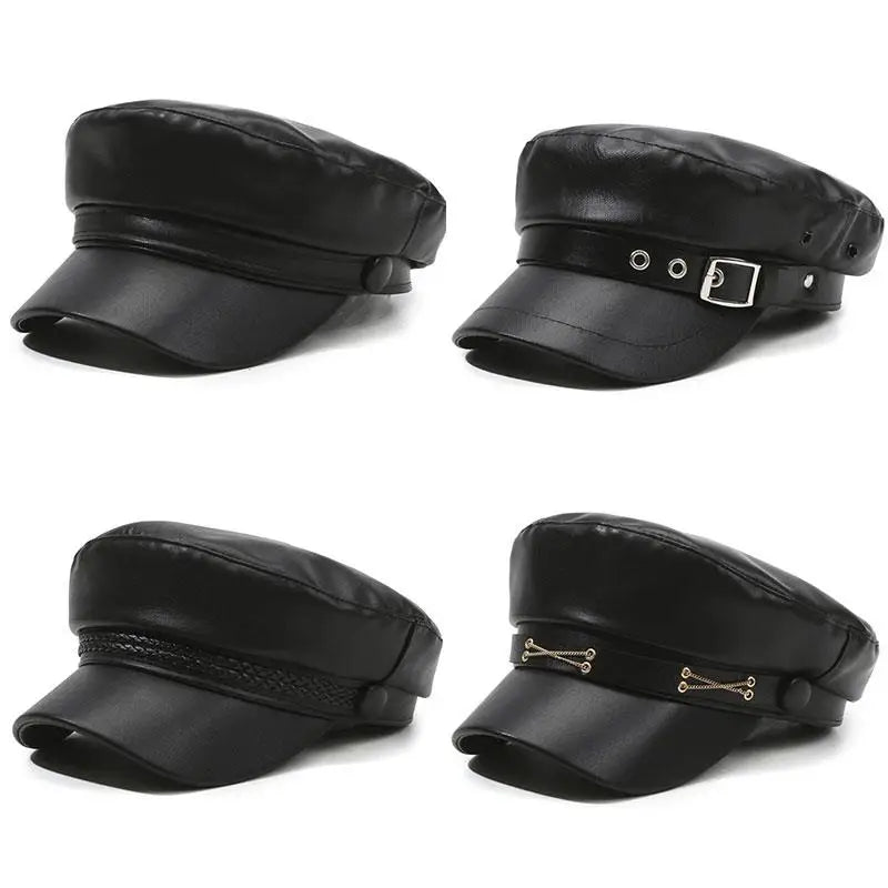 Black PU leather beret hat with a band and adjustable fit shown from the side.
