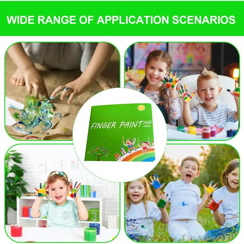 A colorful kids finger painting kit with an educational activity book shown in various application scenarios.