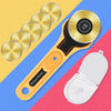 A yellow rotary cutter with a black handle and a circular blade is shown alongside several spare blades on a colorful backgro
