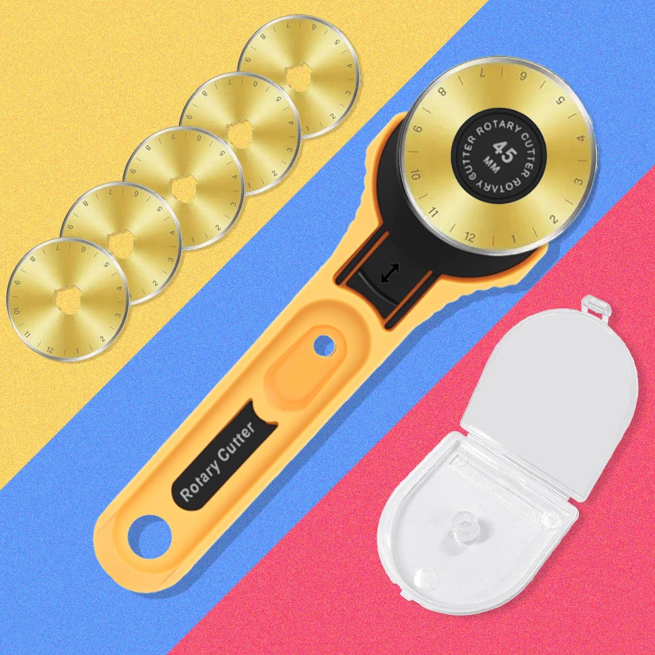 A yellow rotary cutter with a black handle and a circular blade is shown alongside several spare blades on a colorful backgro