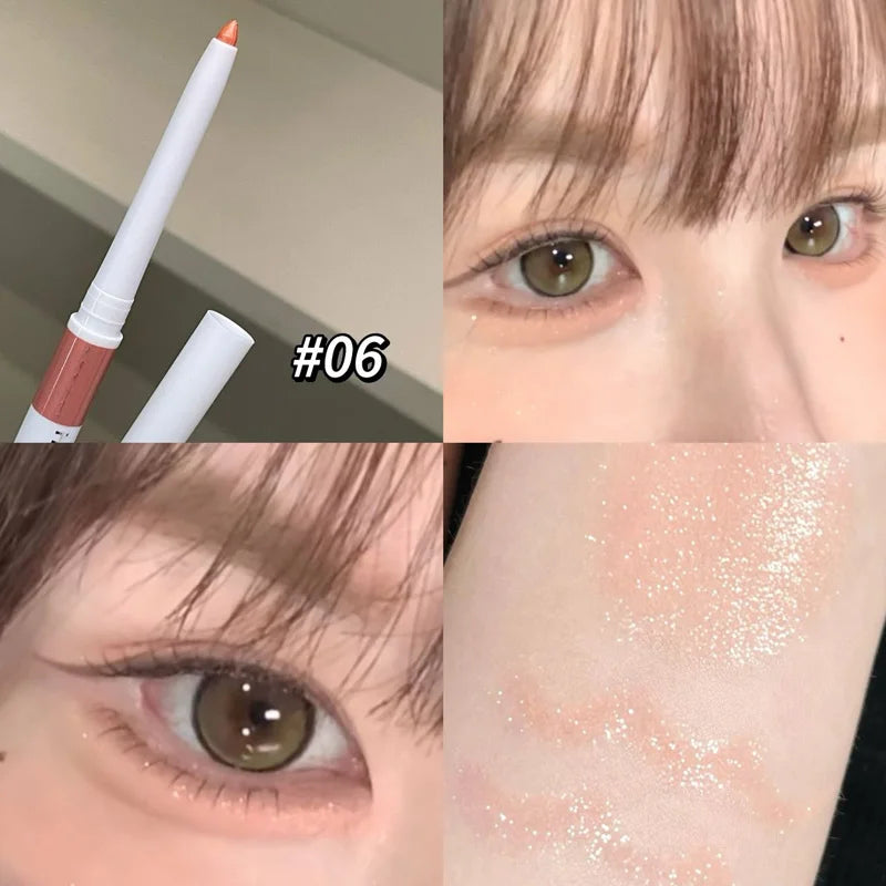 Nærbilde av en dobbel gel eyeliner-blyant i farge nr. 06 med en påføringssjablong på huden.