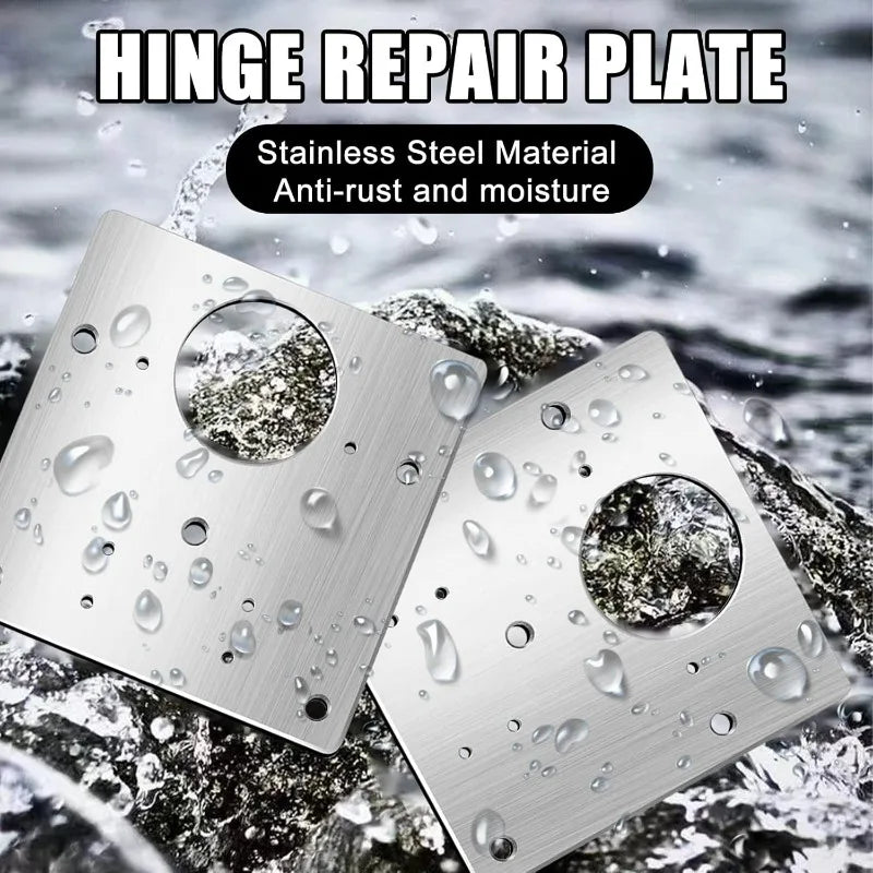 A stainless steel hinge repair plate is shown resting on a wet, rocky surface with water droplets visible.