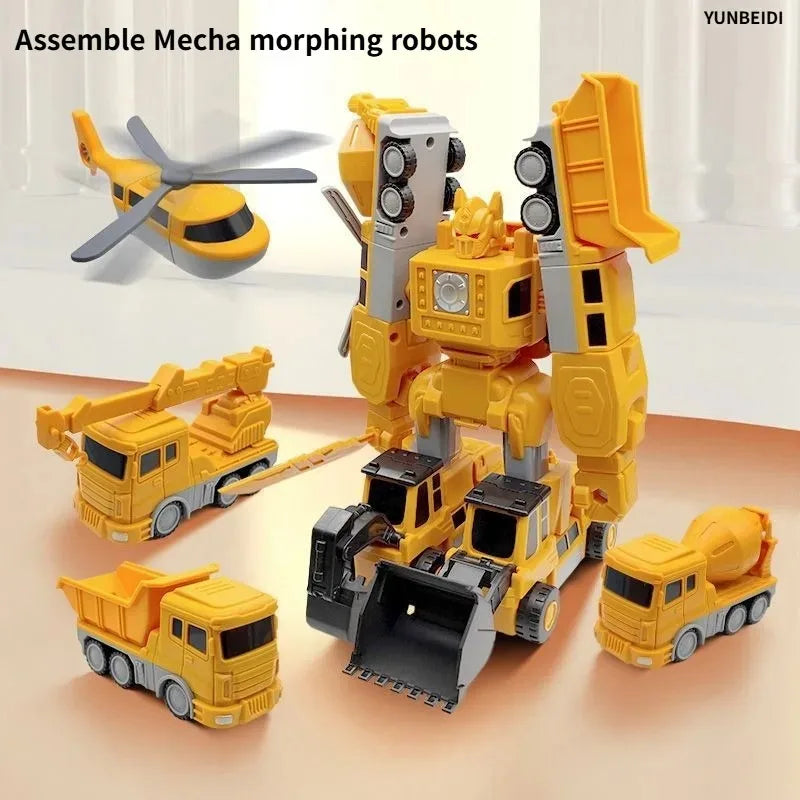 A set of yellow and black Mecha morphing robots and vehicles made from magnetic engineering building blocks.