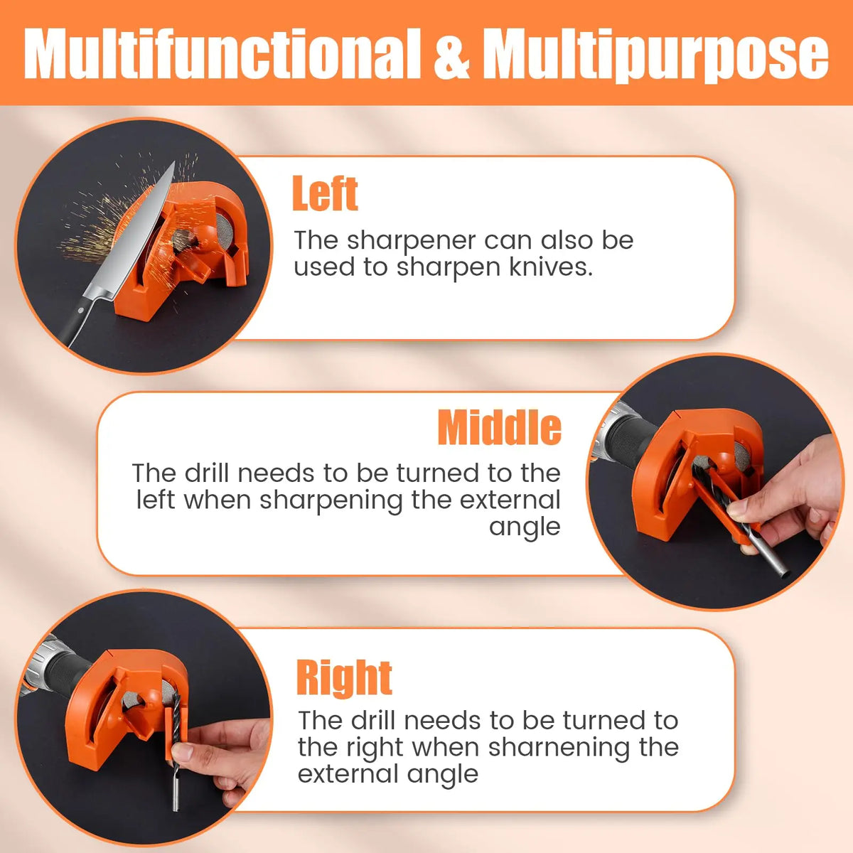 An orange portable drill bit sharpener is shown with instructions for sharpening knives, detailing left and right angles.
