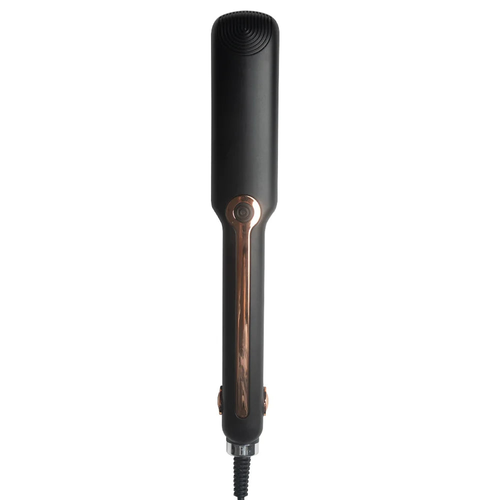 Plancha de cerámica negra para el cabello y rizador con acento metálico.