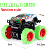 An alloy style green random style pull-back stunt SUV toy car with black chassis and bright lime green wheels.