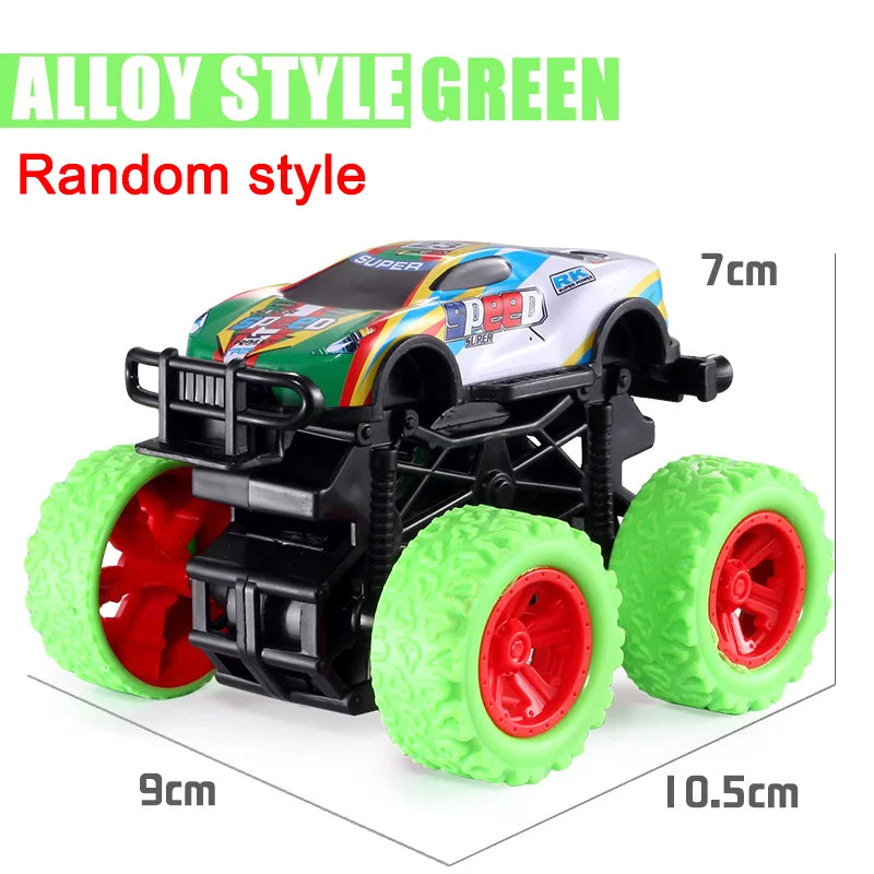 An alloy style green random style pull-back stunt SUV toy car with black chassis and bright lime green wheels.