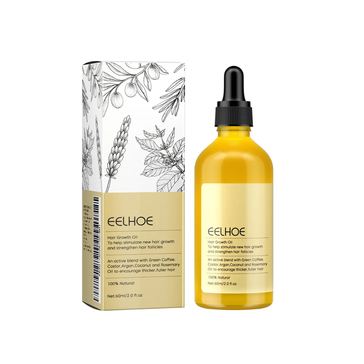 A bottle of EELHOE Rosemary Hair Growth Oil with a yellow liquid and a white box.