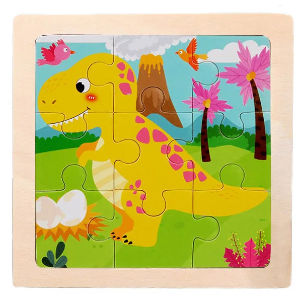 A wooden jigsaw puzzle featuring a yellow dinosaur surrounded by green grass and pink flowers.