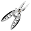 A pair of silver wire stripping pliers with serrated jaws and a ring nose.