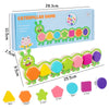 A wooden magnetic caterpillar puzzle game featuring colorful shapes for children's learning and observation.