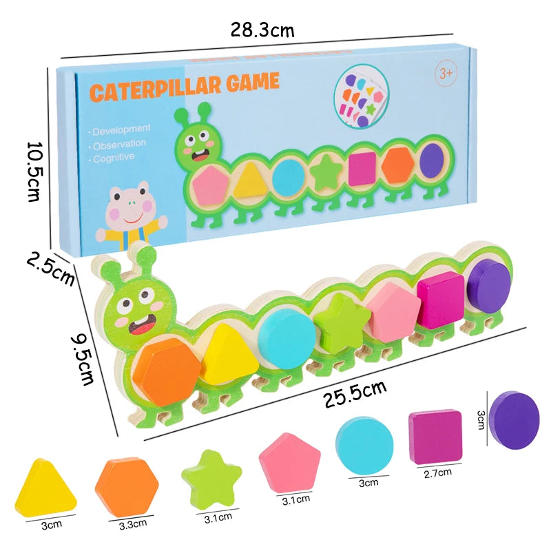 A wooden magnetic caterpillar puzzle game featuring colorful shapes for children's learning and observation.