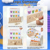 A wooden logic game puzzle showing how to insert cards into a base to find the correct answer