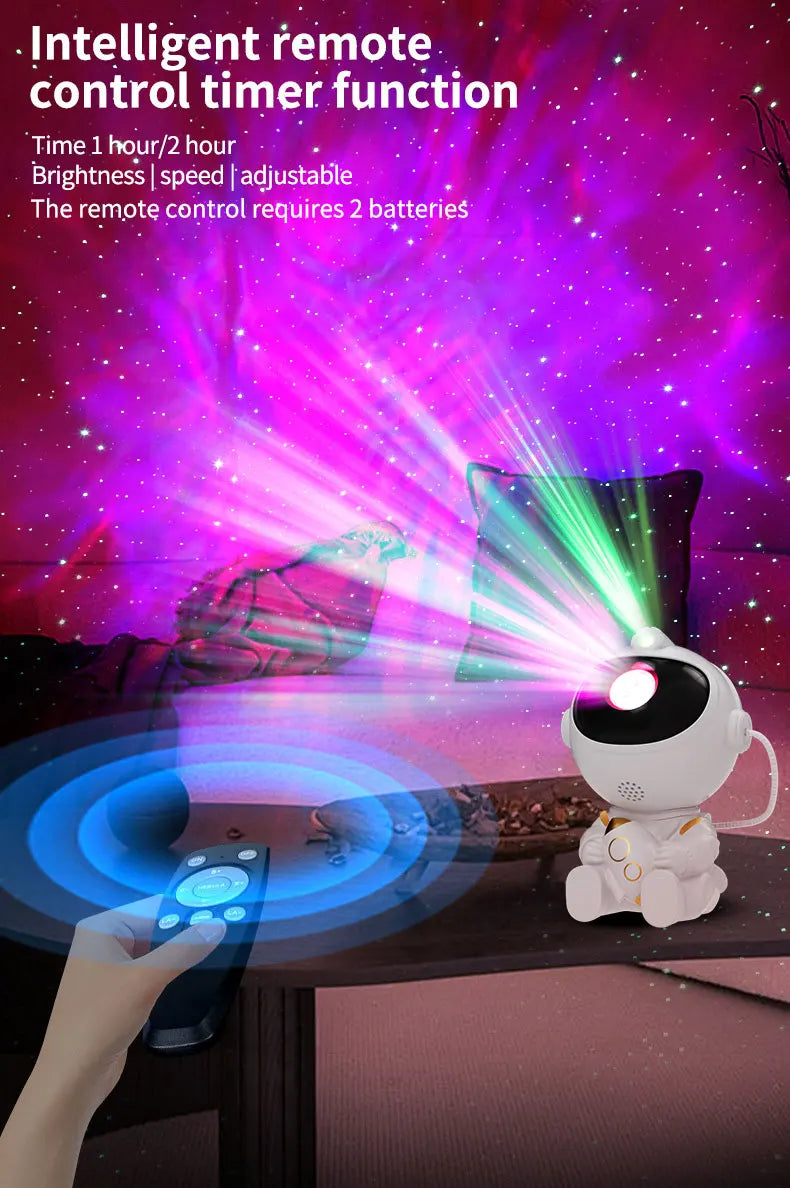 A hand holds a remote control device aimed at an astronaut night light projector displaying galaxy effects.