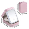 A pink PU leather makeup case with a mirror and storage compartment shown in various dimensions.