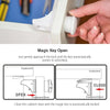 A hand is demonstrating a magnetic cabinet safety lock mechanism, showing how the key assists in unlocking and locking.