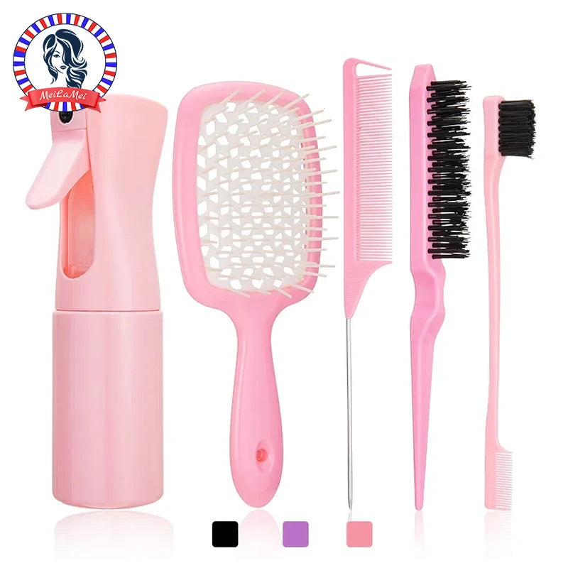 Set de peines desenredantes y de peinado profesionales de color rosa, con peine de dientes anchos, peine de dientes finos y c