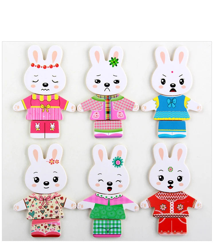 Set of three wooden puzzle dress-up outfits featuring rabbits in various colors and patterns for children