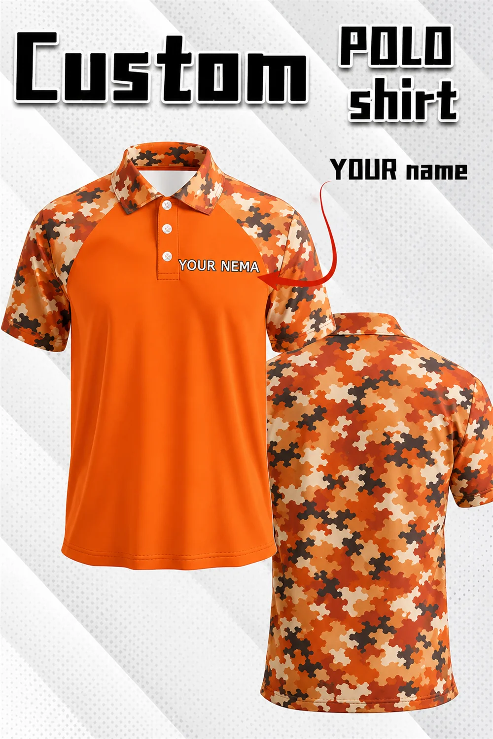Orange Camouflage-Poloshirt auf Schaufensterpuppe mit Anpassungsoptionen.