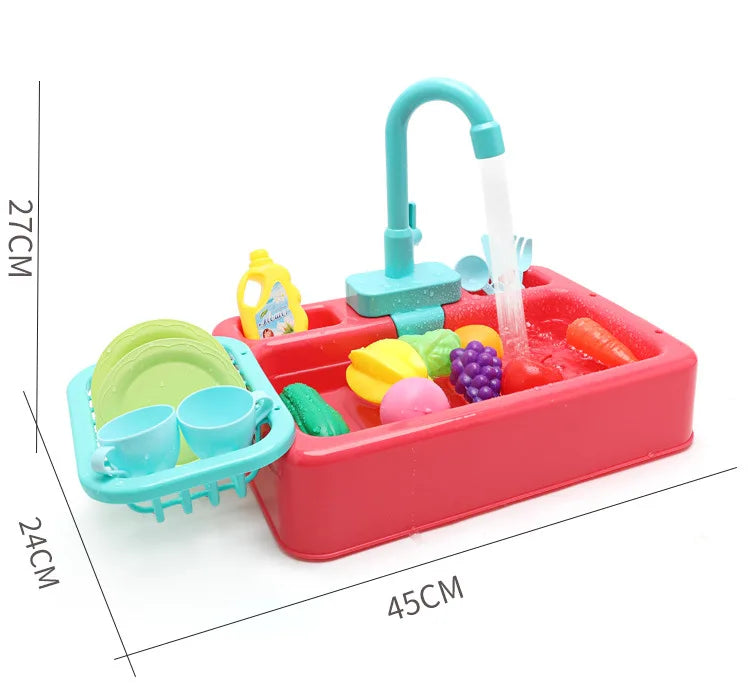 A red plastic pretend play kitchen sink set with a green faucet and water pouring into a basin.