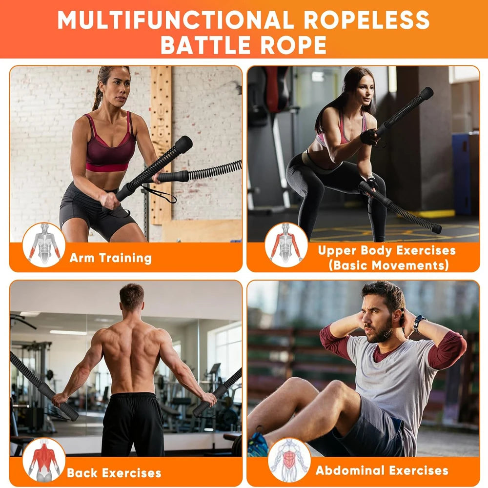 A collection of multifunctional ropeless battle ropes for various body exercises including arm, upper body, back, and abdomin