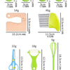 A collection of plastic fruit knives and related kitchen tools for children, including various sizes and colors.