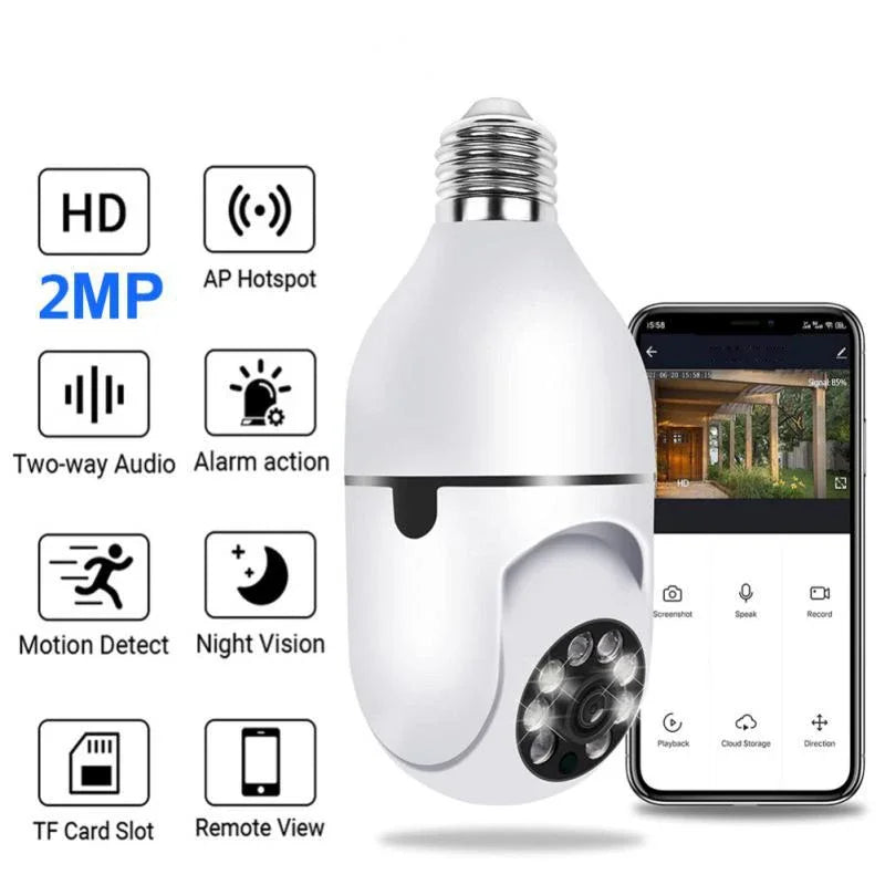 A white smart security camera with a threaded top and a smartphone displaying its features.