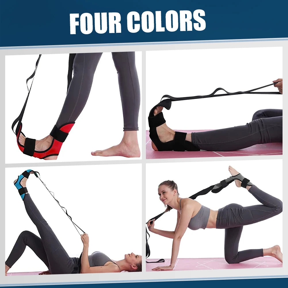Cuatro colores de una correa elástica de yoga con almohadillas para pies en varias posturas de estiramiento.