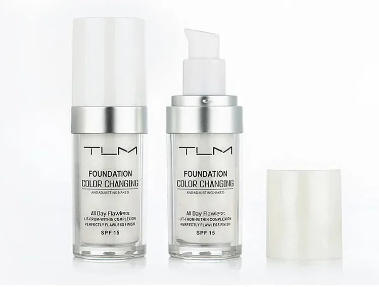 A bottle of TLM Foundation Color Changing and Adjusting Naked with SPF 15 next to a white tube.