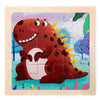 A wooden jigsaw puzzle featuring a cute, reddish-brown dinosaur with yellow spines against a light blue background.