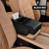 Black red car center console organizer with armrest cushion and cup holder placed in a beige car interior.