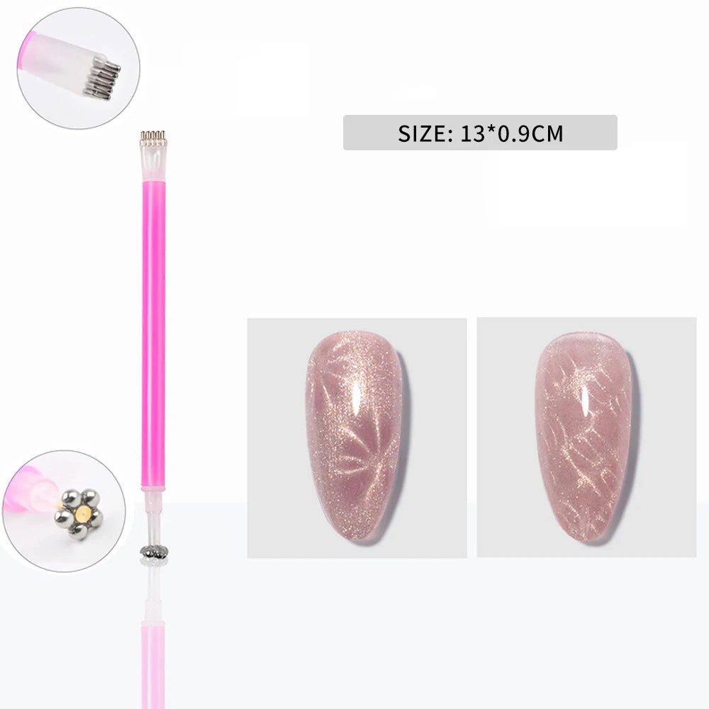 Lang flaske med pink neglelak og applikator med magnetisk top, der viser galaksekameleon-effekten på en negl.