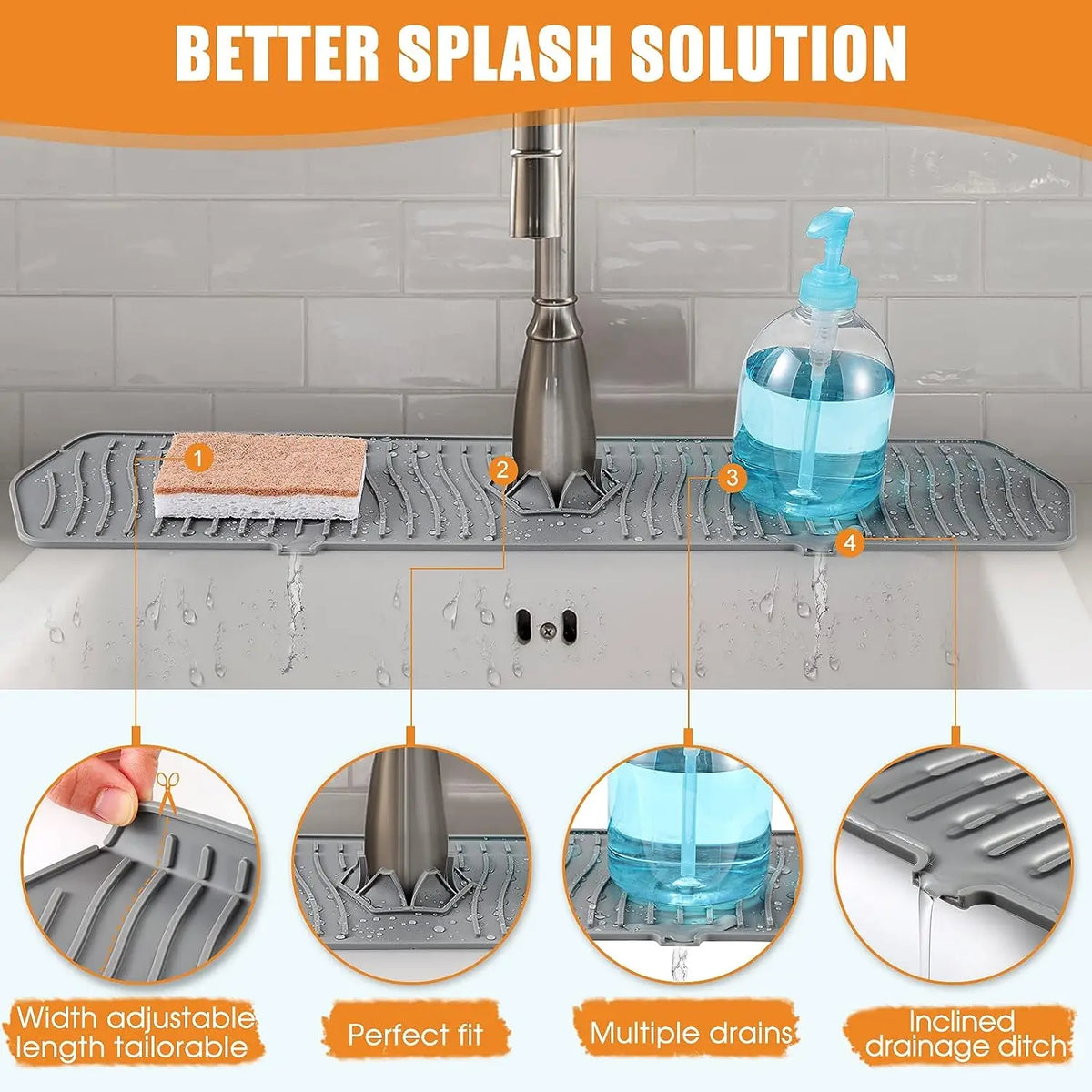 A kitchen sink faucet mat with a self-draining design showing water flow and adjustable features.