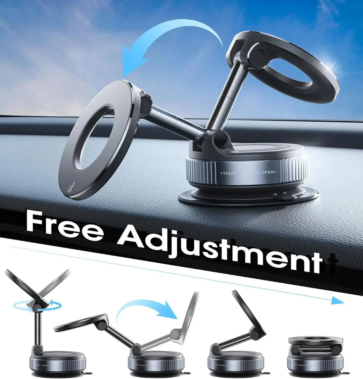 A 360 degree rotating magnetic foldable phone holder shown in various adjustment angles on a dark surface.