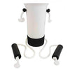 A white light fixture with black accents and white cords, designed as a sock aid for seniors.