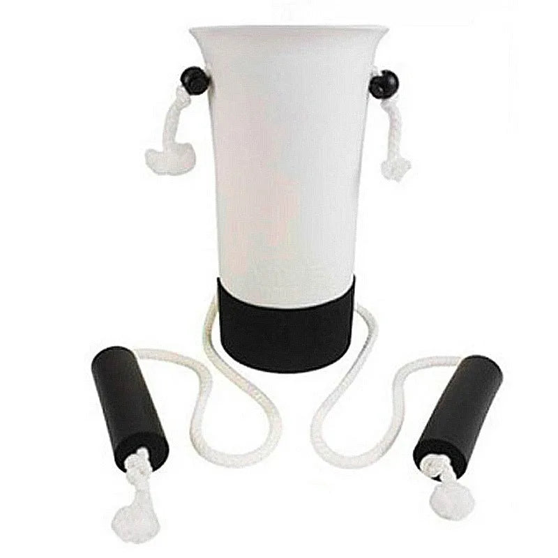 A white light fixture with black accents and white cords, designed as a sock aid for seniors.
