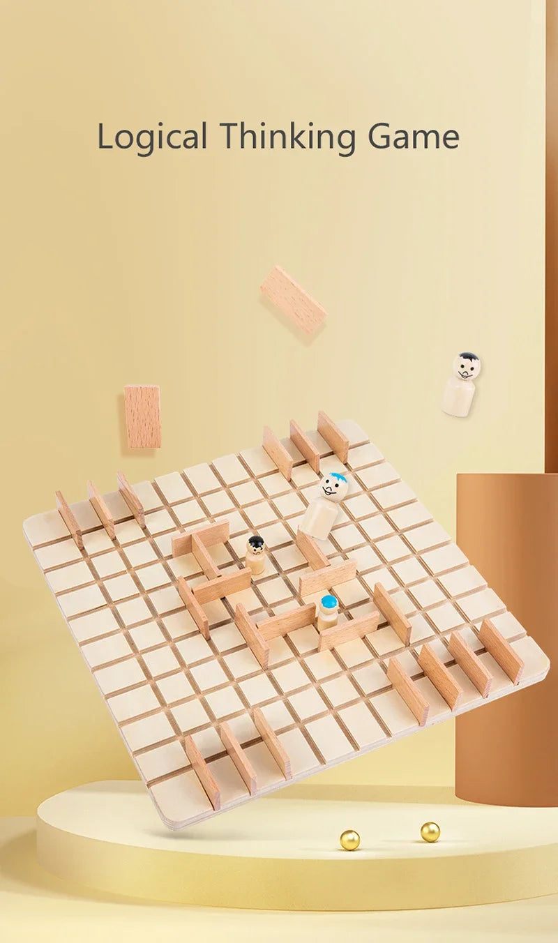 A wooden logical thinking game board with wooden pieces for a strategy game.