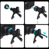 Four steps demonstrating the installation of a foldable wireless car charger mount using electric clamping and rotation.