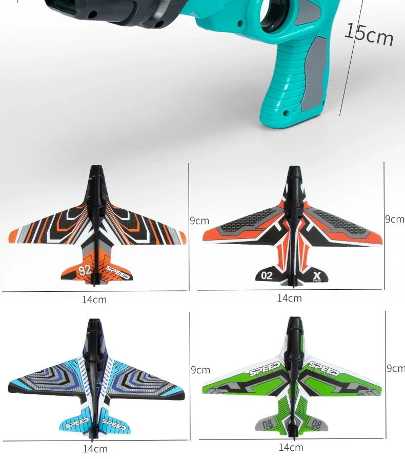 A set of three foam airplane launchers and planes for outdoor play, featuring a teal and gray launcher body.
