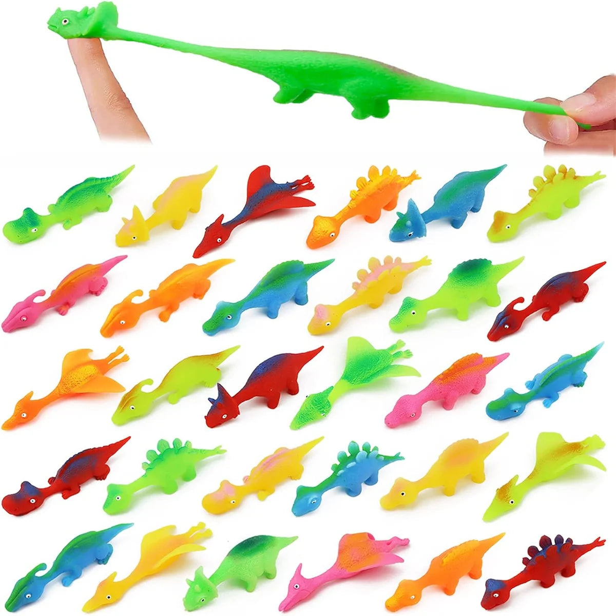 A set of colorful dinosaur finger catapult toys shown in various colors and shapes.