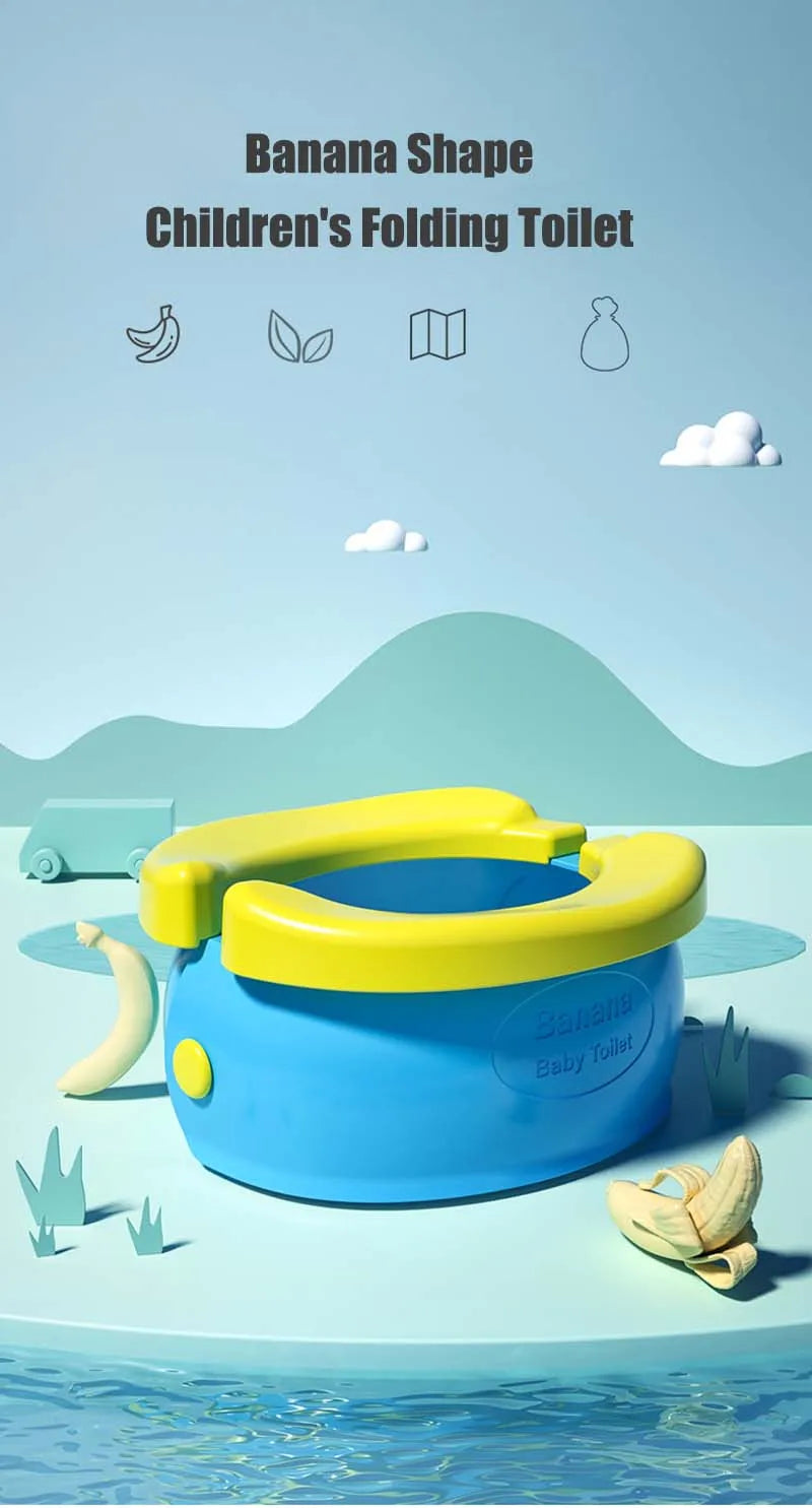 A yellow banana-shaped folding toilet for children is shown on a light blue surface with a green mountain background.